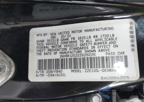 2002 Toyota Corolla Ce из США, поврежденный, VIN 1NXBR12E22Z628226